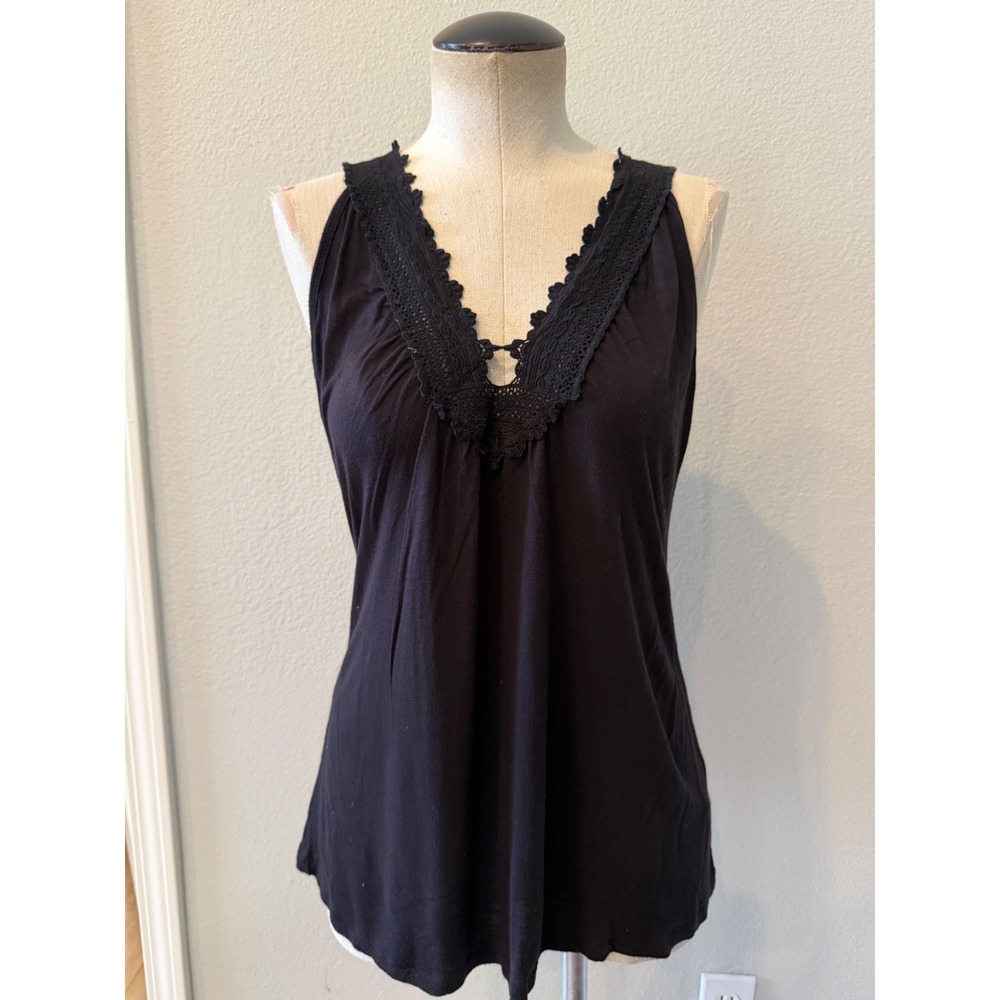 Tyte by Knits American Standard Womens L Black Crochet Lace V Neck Tank Top Boho